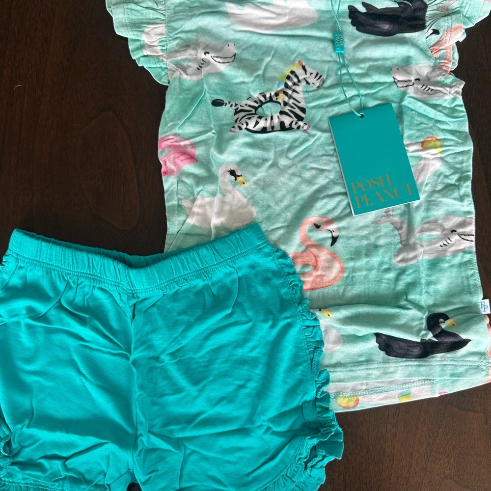 Posh Peanut Teal Ruffle Shorts with Mint Animal Print Top